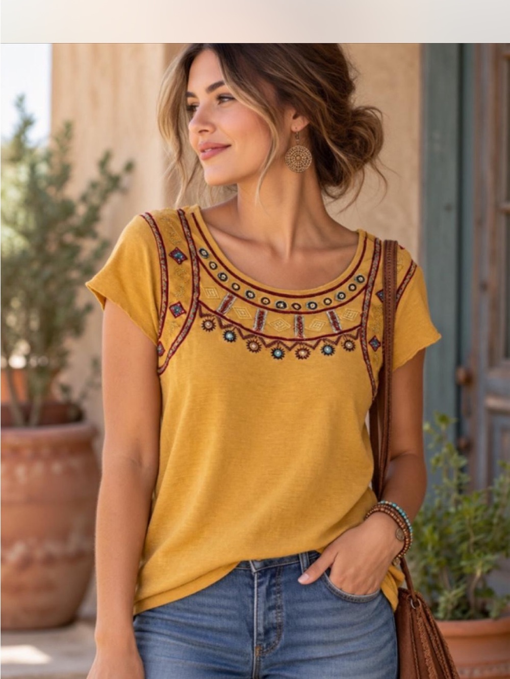 Sundance Mustard Embroidered Scoop Neck Short Sleeve Top